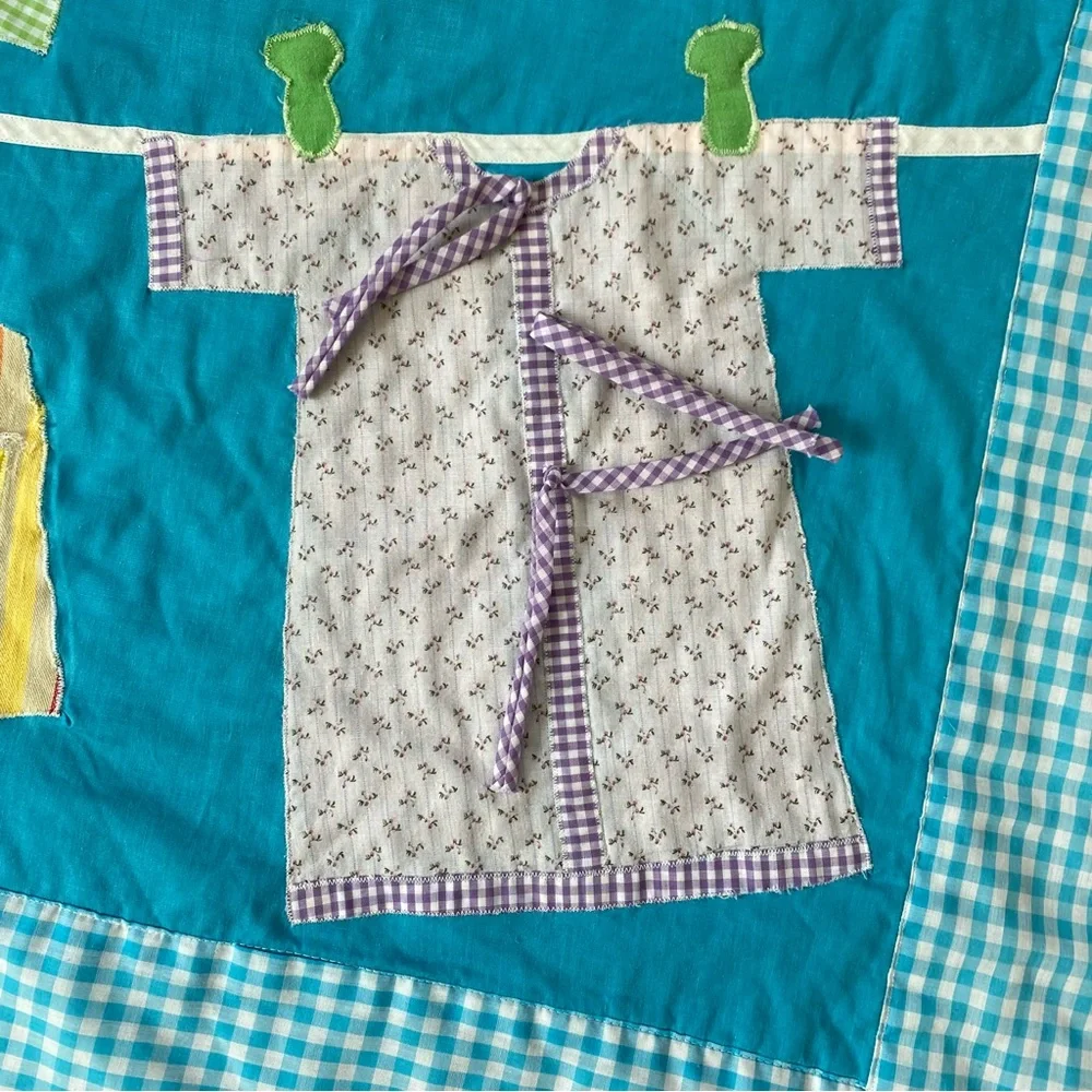 Vintage MCM Handmade Baby Quilt Blanket Plaid Embroidered